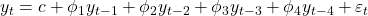  y_t = c + \phi_1 y_{t-1} + \phi_2 y_{t-2} + \phi_3 y_{t-3} + \phi_4 y_{t-4} + \varepsilon_t 