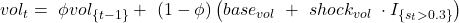  vol_t=\ \phi vol_{\left\{t-1\right\}}+\ \left(1-\phi\right)\left(base_{vol}\ +\ shock_{vol}\ \cdot I_{\left\{s_t>0.3\right\}}\right) 