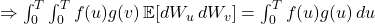  \Rightarrow \int_{0}^{T}\int_{0}^{T} f(u)g(v) \, \mathbb{E}[dW_u \, dW_v] = \int_{0}^{T} f(u)g(u) \, du 