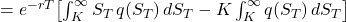 = e^{-rT}\!\left[\int_{K}^{\infty} S_{T}\, q\!\left(S_{T}\right)dS_{T} - K\int_{K}^{\infty} q\!\left(S_{T}\right)dS_{T}\right]