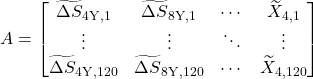  A=\begin{bmatrix}\widetilde{\Delta S}_{4\mathrm{Y},1}&\widetilde{\Delta S}_{8\mathrm{Y},1}&\cdots&\widetilde{X}_{4,1}\\\vdots&\vdots&\ddots&\vdots\\\widetilde{\Delta S}_{4\mathrm{Y},120}&\widetilde{\Delta S}_{8\mathrm{Y},120}&\cdots&\widetilde{X}_{4,120}\end{bmatrix} 