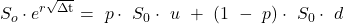  {S_o\cdot e}^{r\sqrt{\mathrm{\Delta t}}}=\ p\cdot\ S_0\cdot\ u\ +\ (1\ -\ p)\cdot\ S_0\cdot\ d 