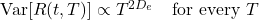 \mathrm{Var}\!\left\lbrack R(t,T) \right\rbrack \propto T^{2 D_{e}}\quad\text{for every } T