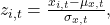  z_{i,t} = \frac{x_{i,t} - \mu_{x,t}}{\sigma_{x,t}}, 