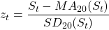 \displaystyle z_t = \frac{S_t - MA_{20}(S_t)}{SD_{20}(S_t)}