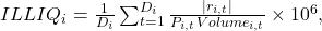  ILLIQ_i = \frac{1}{D_i}\sum_{t=1}^{D_i}\frac{|r_{i,t}|}{P_{i,t}\,Volume_{i,t}} \times 10^6, 