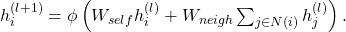  h_{i}^{(l + 1)} = \phi\left( W_{self}h_{i}^{(l)} + W_{neigh}\sum_{j \in N(i)}^{}h_{j}^{(l)} \right). 