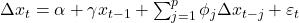  \Delta x_{t} = \alpha + \gamma x_{t - 1} + \sum_{j = 1}^{p}\phi_{j}\Delta x_{t - j} + \varepsilon_{t} 