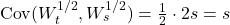  \text{Cov}(W_t^{1/2}, W_s^{1/2}) = \frac{1}{2} \cdot 2s = s 