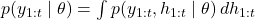  p(y_{1:t} \mid \theta) = \int p(y_{1:t}, h_{1:t} \mid \theta) \, dh_{1:t} 