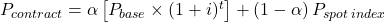 P_{contract}=\alpha\left[P_{base}\times(1+i)^t\right]+(1-\alpha)\,P_{spot\,index}