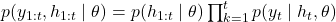  p(y_{1:t}, h_{1:t} \mid \theta) = p(h_{1:t} \mid \theta) \prod_{k=1}^{t} p(y_t \mid h_t, \theta) 