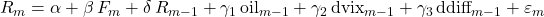 R_m = \alpha + \beta\,F_m + \delta\,R_{m-1} + \gamma_1\,\text{oil}_{m-1} + \gamma_2\,\text{dvix}_{m-1} + \gamma_3\,\text{ddiff}_{m-1} + \varepsilon_m
