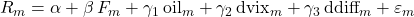 R_m = \alpha + \beta\,F_m + \gamma_1\,\text{oil}_m + \gamma_2\,\text{dvix}_m + \gamma_3\,\text{ddiff}_m + \varepsilon_m