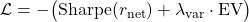  \mathcal{L} = -\bigl(\text{Sharpe}(r_{\text{net}}) + \lambda_{\text{var}} \cdot \text{EV}\bigr) 
