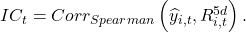  IC_{t} = Corr_{Spearman}\left( {\widehat{y}}_{i,t},R_{i,t}^{5d} \right). 
