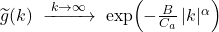 \widetilde{g}(k) \;\xrightarrow{\; k \rightarrow \infty \;}\; \exp\!\left( - \frac{B}{C_{a}}\, |k|^{\alpha} \right)