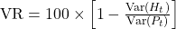  \mathrm{VR}=100\times\left[1-\frac{\operatorname{Var}(H_t)}{\operatorname{Var}(P_t)}\right] 